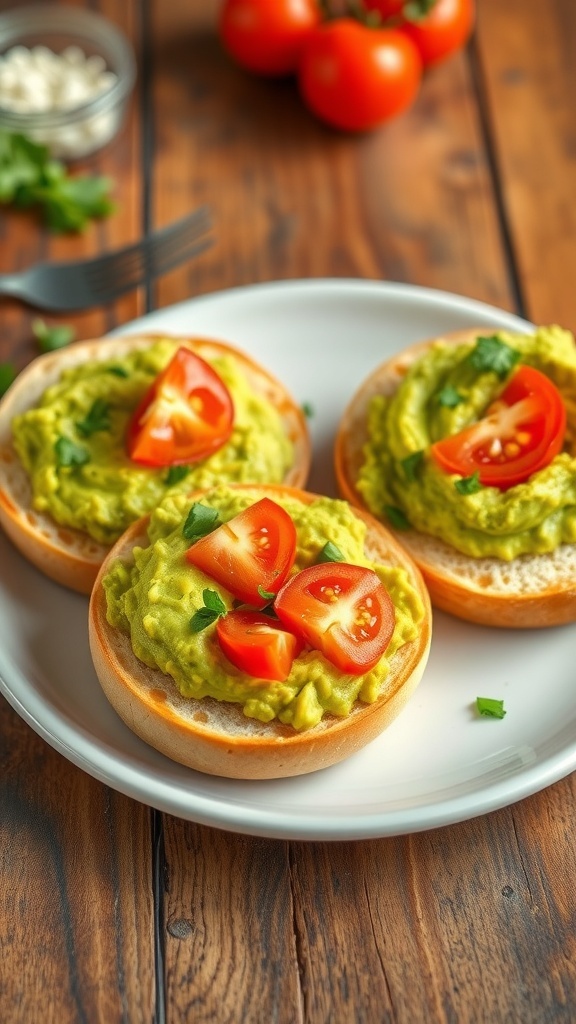 Toasted bagel halves topped with mashed avocado, sliced tomatoes, and herbs on a rustic wooden table.